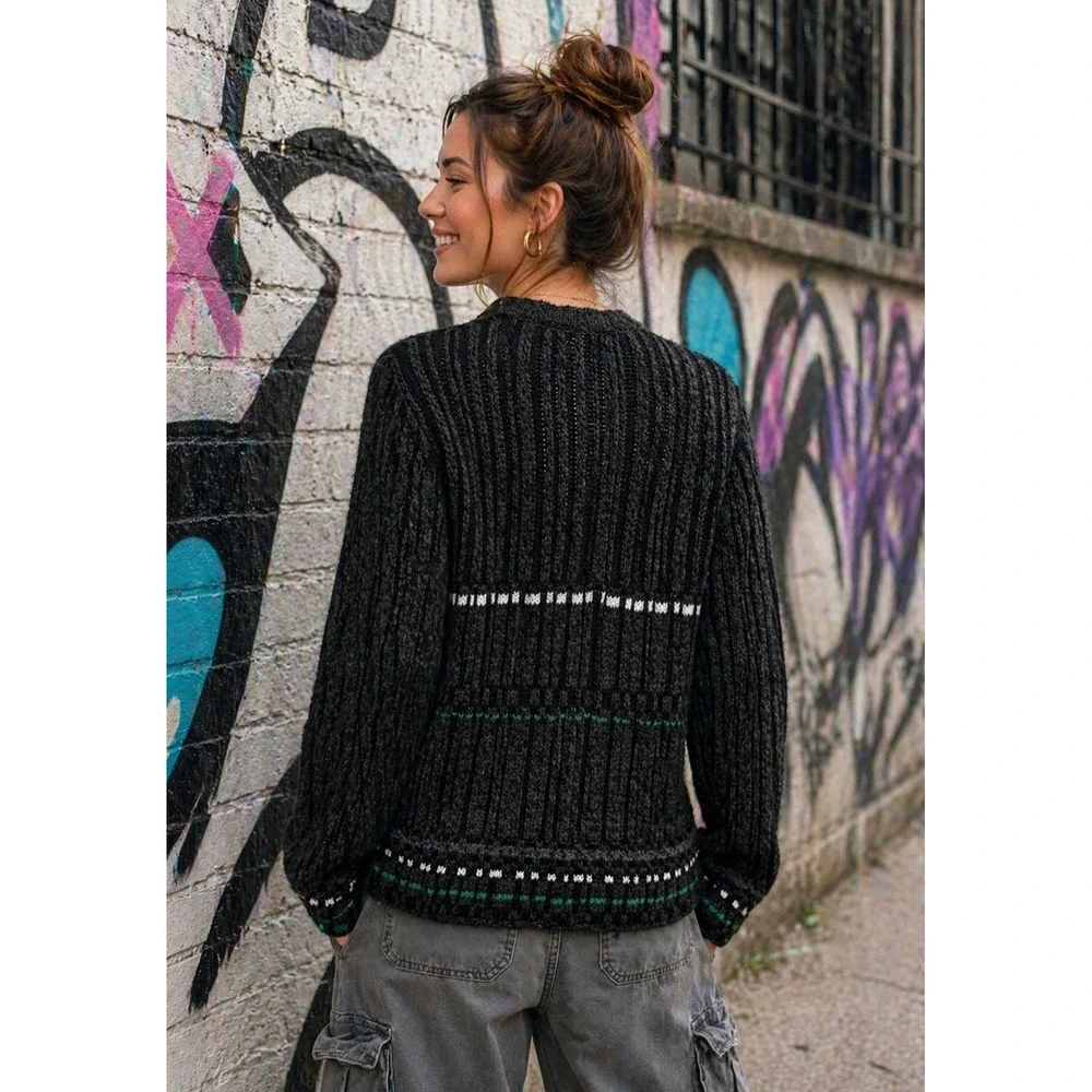 DRIES‎ VAN NOTEN Green Striped Pullover Knit Sweater V Neck Medium